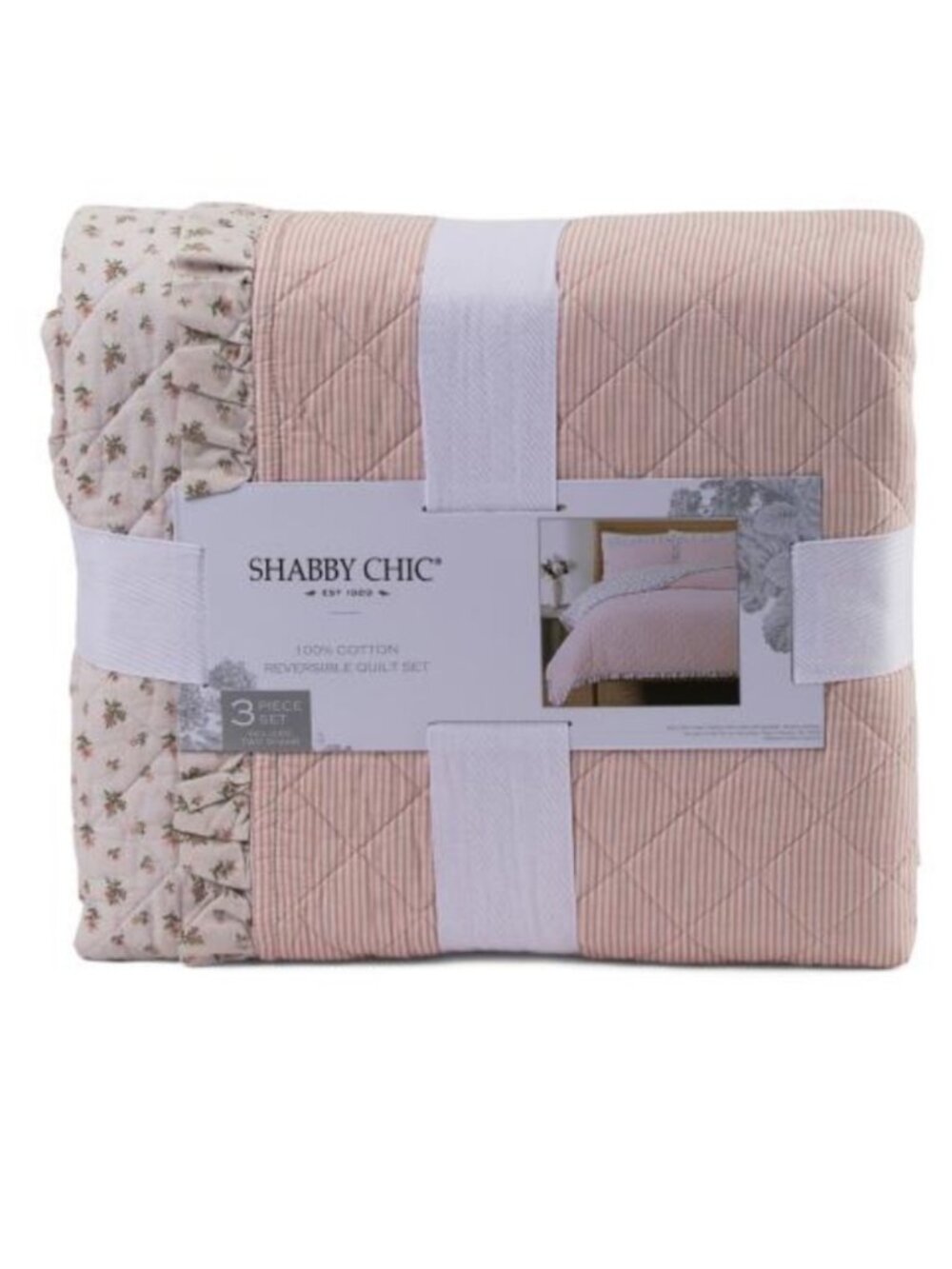 Shabby Chic Soft Pink Reversible Quilt Set with Floral Ruffle